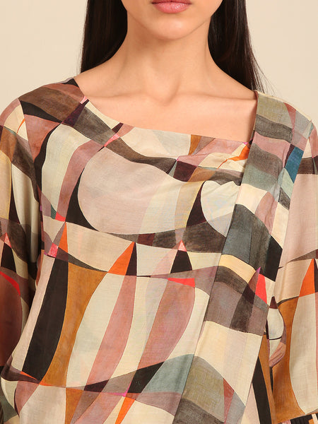 Beige Abstract Printed Muslin Top (The Mosaic Muse) - ASST0110