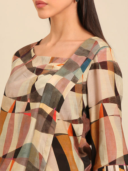 Beige Abstract Printed Muslin Top (The Mosaic Muse) - ASST0110