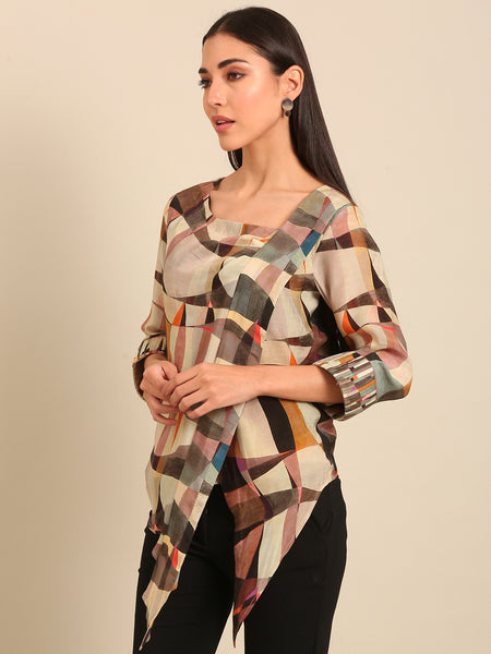 Beige Abstract Printed Muslin Top (The Mosaic Muse) - ASST0110