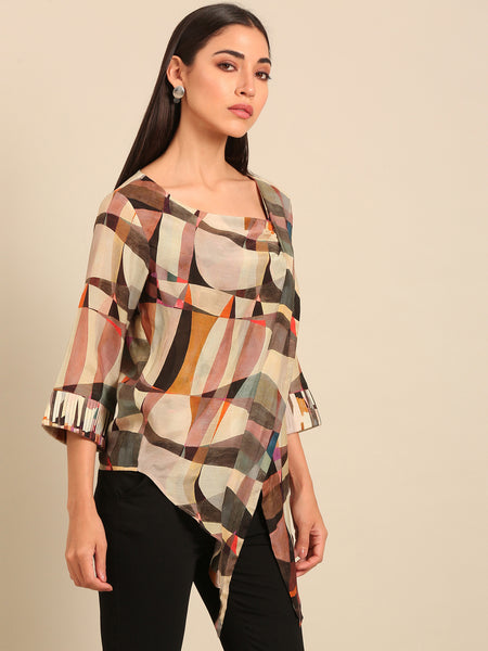 Beige Abstract Printed Muslin Top (The Mosaic Muse) - ASST0110