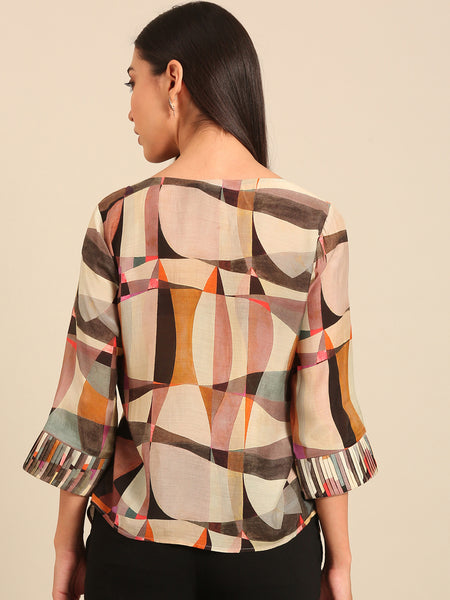 Beige Abstract Printed Muslin Top (The Mosaic Muse) - ASST0110