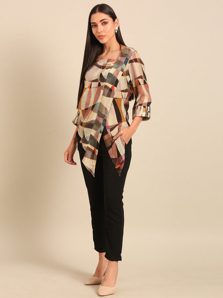 Beige Abstract Printed Muslin Top (The Mosaic Muse) - ASST0110