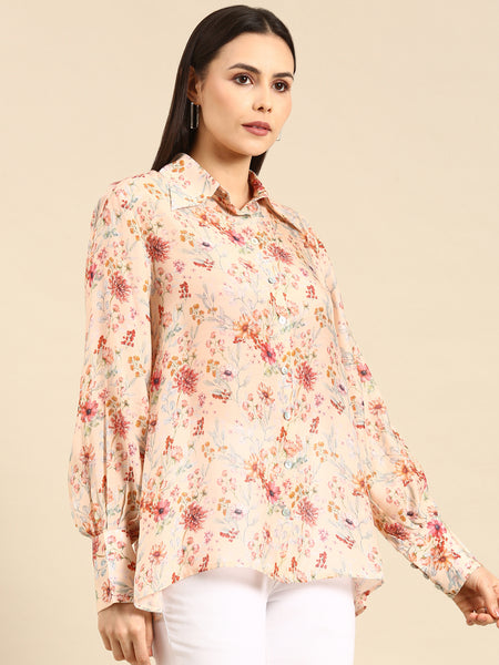Peach Floral Printed Muslin Shirt - ASST080