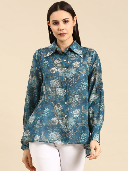 Blue Mul-Mul Cotton Printed Shirt - ASST081