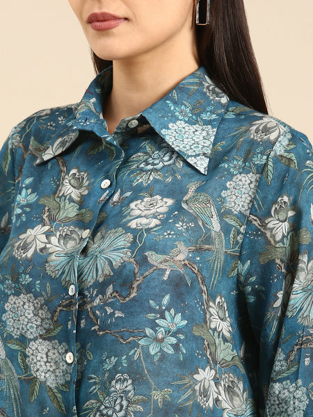 Blue Mul-Mul Cotton Printed Shirt - ASST081