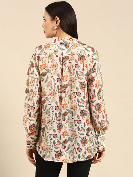 Cream Floral Printed Muslin Shirt - ASST082