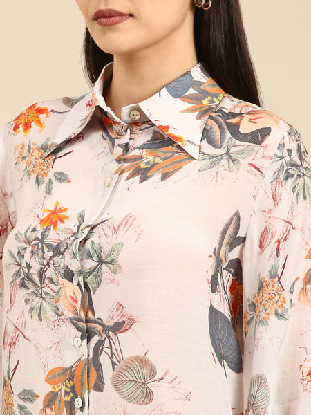 Off White Floral Printed Muslin Shirt - ASST084