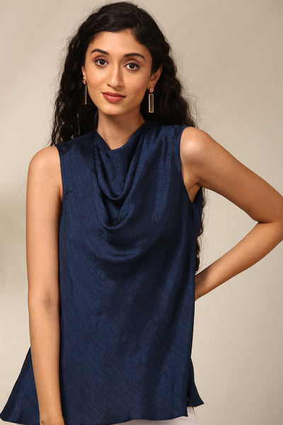 Navy Blue Slub Silk Short Top - ASST086