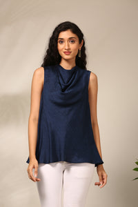 Navy Blue Slub Silk Short Top - ASST086