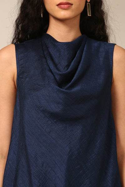 Navy Blue Slub Silk Short Top - ASST086