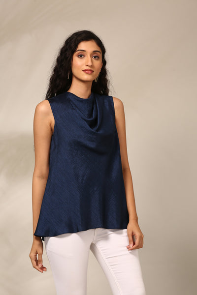 Navy Blue Slub Silk Short Top - ASST086