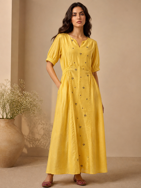 Butter Yellow Cotton/Silk Dress (The Radiant Buttercup) - AS0767