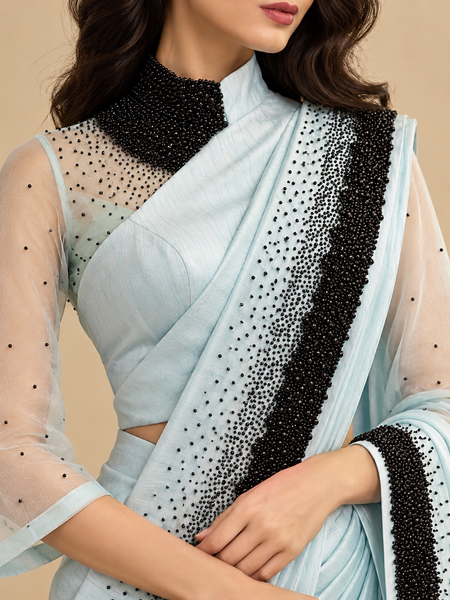 Sky Blue Bemberg Silk Ready Saree (The Black Caviar & Glacial Sky) - ASSRCUS001