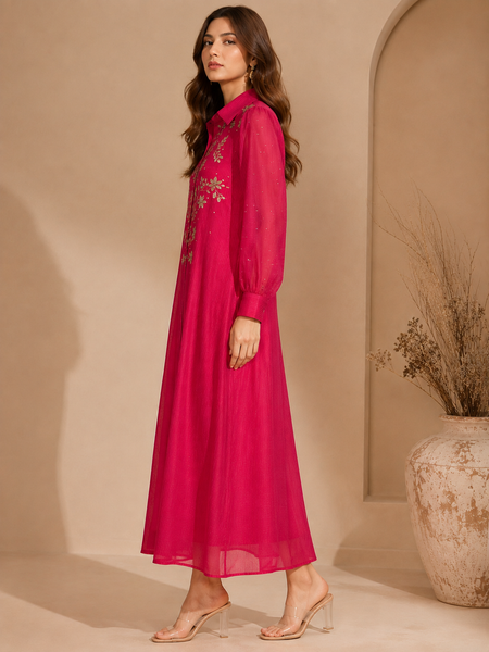 Fuschia Pink Kota Chanderi Dress (The Electric Rose) - AS0766
