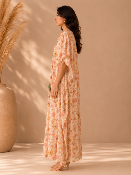 Pink & Green Muslin Printed Kaftan Dress (Strawberries & Cream Botanical Meridian) - AS0765