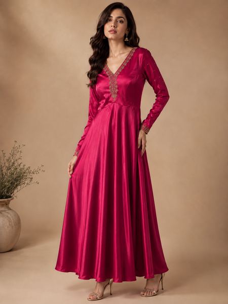 Fuchsia Pink Mashru Silk Maxi Dress (Fuchsia Plum Glaze & Smoked Amber) - ASCUS001