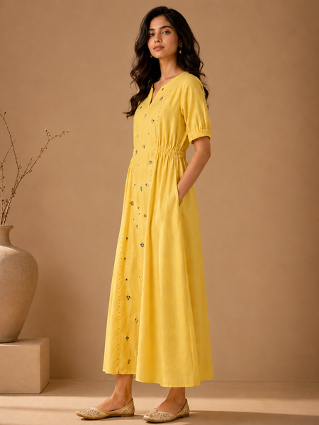Butter Yellow Cotton/Silk Dress (The Radiant Buttercup) - AS0767