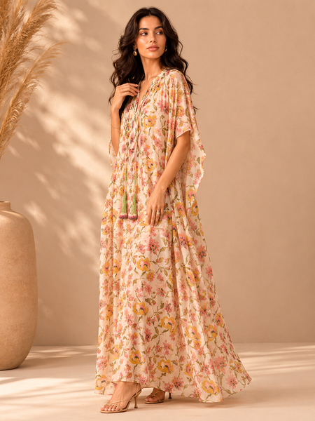 Pink & Green Muslin Printed Kaftan Dress (Strawberries & Cream Botanical Meridian) - AS0765