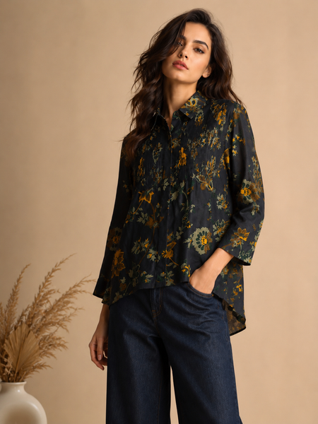 Navy Blue Printed Japanese Silk Top (Deep Indigo & Candied Ginger) - ASST0117