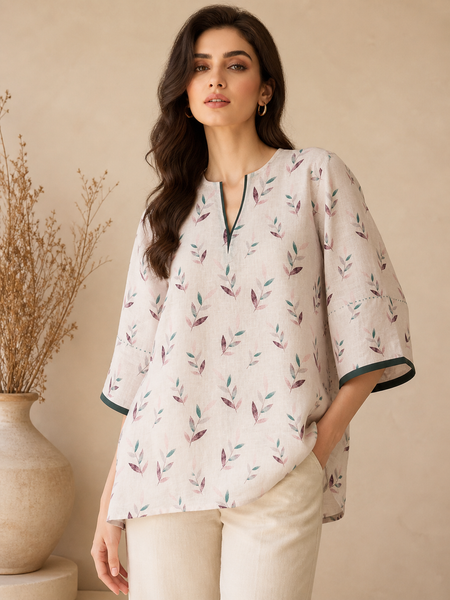 Baby Pink Printed Linen Top (Blush Lychee Meridian) - ASST0112