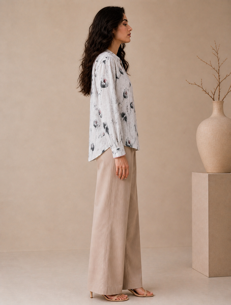 White & Black Linen Printed Top (Iced Peppercorn) - ASST0111