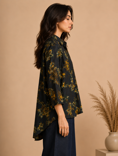 Navy Blue Printed Japanese Silk Top (Deep Indigo & Candied Ginger) - ASST0117