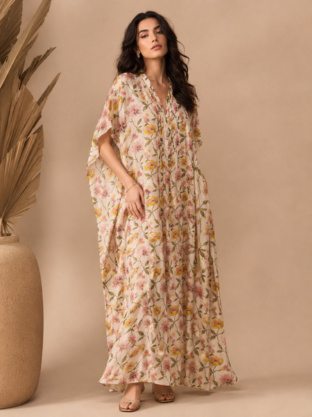 Pink & Green Muslin Printed Kaftan Dress (Strawberries & Cream Botanical Meridian) - AS0765