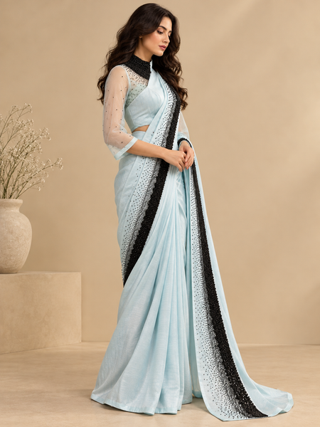 Sky Blue Bemberg Silk Ready Saree (The Black Caviar & Glacial Sky) - ASSRCUS001
