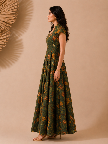 Green Chanderi Printed Maxi Dress (Emerald Herb-Garden Gala) - AS0762