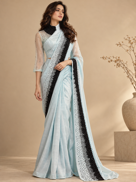 Sky Blue Bemberg Silk Ready Saree (The Black Caviar & Glacial Sky) - ASSRCUS001