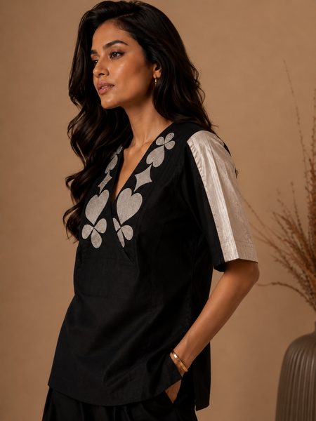 Black & Silver Bemberg Silk Top (Obsidian Fondant & Frosted Pearl) - ASST0114