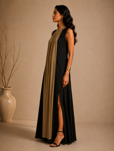 Black & Gold Bemberg Silk Dress (Black Truffle & Honeyed Ganache) - AS0763