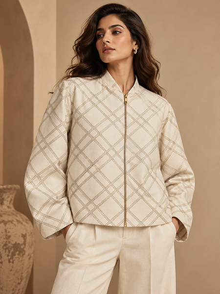 Ivory Chanderi Embroidered Bomber Jacket (The Pearl & Champagne) - ASJ075