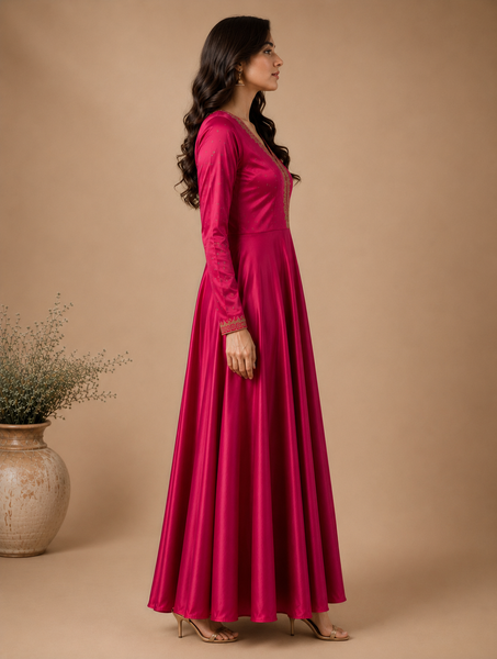 Fuchsia Pink Mashru Silk Maxi Dress (Fuchsia Plum Glaze & Smoked Amber) - ASCUS001