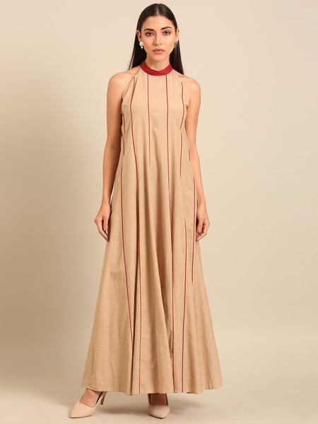 Beige & Red Malai Cotton Dress (Honey-Glazed Ginger & Rose) - AS0741