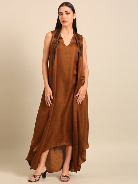 Rust Gold Bemberg Silk Dress (Spiced Amber & Espresso Sorbet) - AS0748