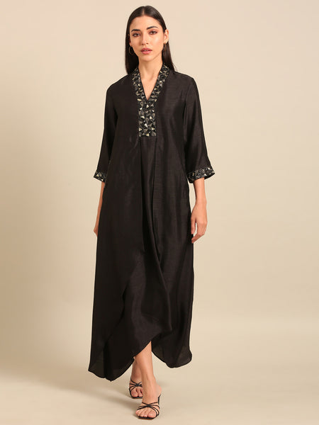 Black Bemberg Silk Dress (Midnight Peppercorn & Ash Chantilly)- AS0752