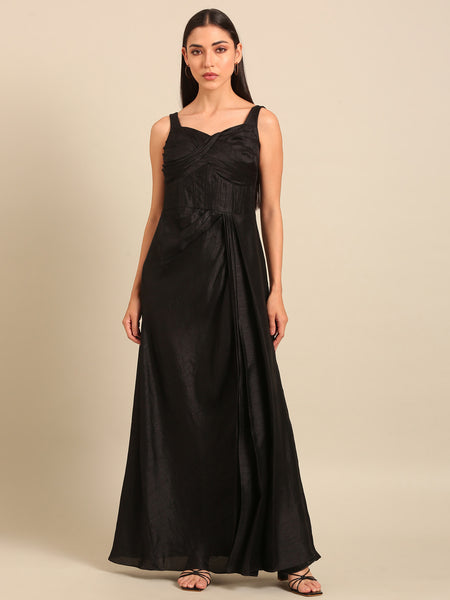 Black Bemberg Silk Maxi Dress (The Midnight-Honey) - AS0753