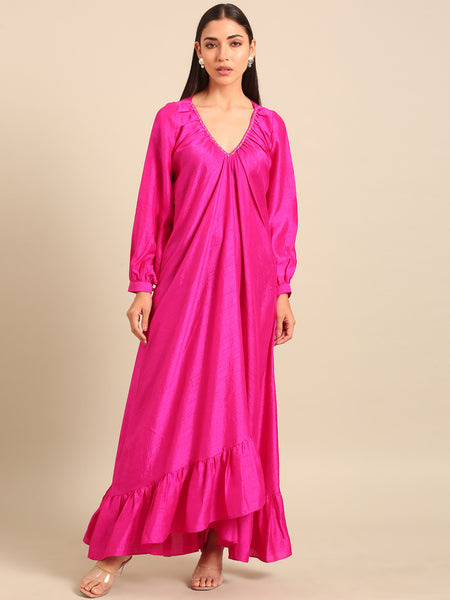 Fuschia Pink Bemberg Silk Dress (Fuschia-Glaze & Wild-Berry) - AS0756