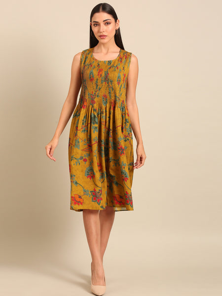 Mustard Printed Japanese Silk Dress (Spiced-Ginger & Petal Chantilly) - AS0757