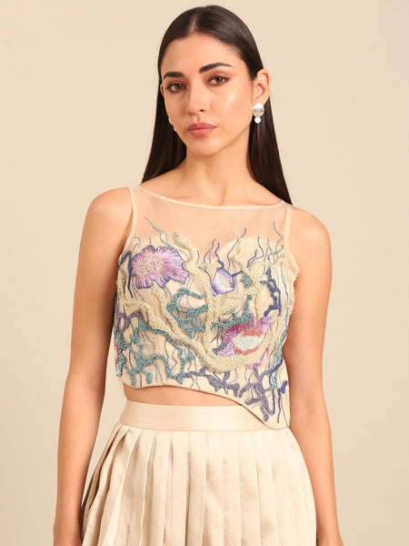 Beige Silk/Organza Blouse (The Ethereal Flora Vanguard) - ASBL0120