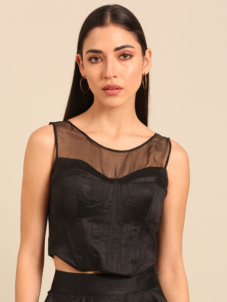 Black Bemberg Silk Corset Blouse (Dark Cacao Chantilly) - ASBL0123