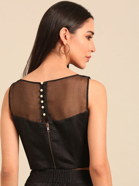 Black Bemberg Silk Corset Blouse (Dark Cacao Chantilly) - ASBL0123