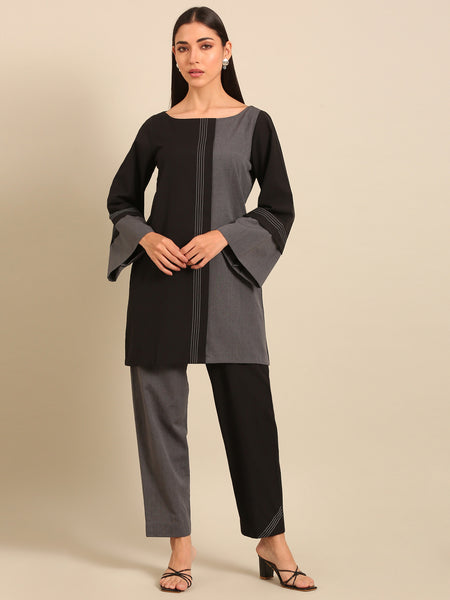Black & Grey Malai Cotton Kurta (Black-Sesame & Slate) - AS0740