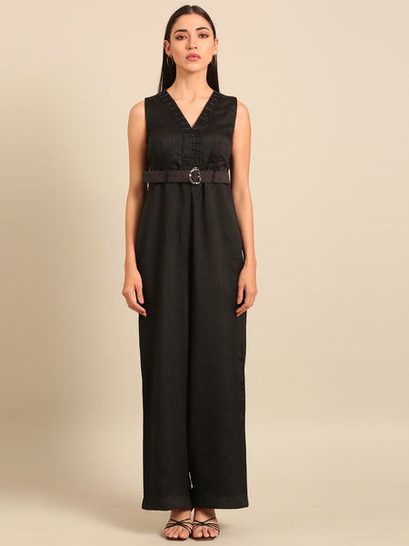Black Bemberg Silk Jumpsuit (Noir Luxe Monolith) - ASJS023