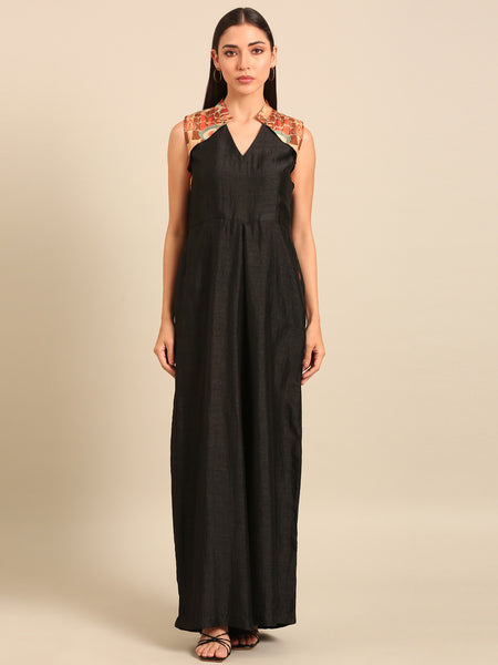 Black Printed Bemberg Silk/Muslin Jumpsuit - ASJS024