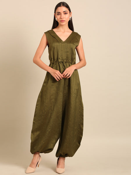 Mehendi Green Bemberg Silk Jumpsuit (Minted Basil Sovereign) - ASJS025