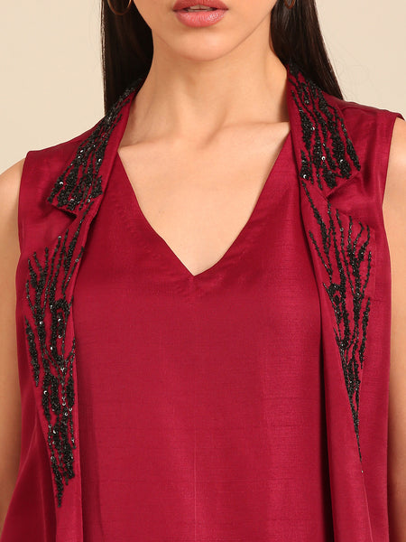 Wine Bemberg Silk embroidered dress (Blackened Plum Glaze) - AS0730