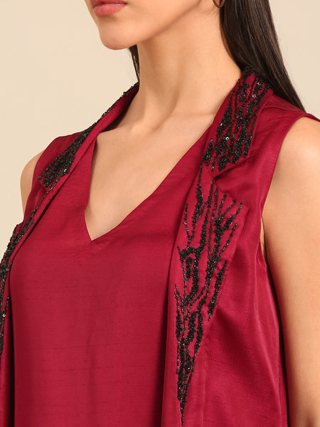 Wine Bemberg Silk embroidered dress (Blackened Plum Glaze) - AS0730