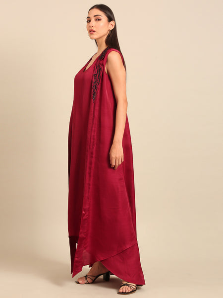 Wine Bemberg Silk embroidered dress (Blackened Plum Glaze) - AS0730